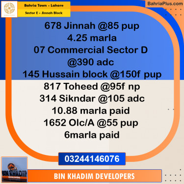 Residential Plot for Sale in Sector E - Jinnah Block -  Bahria Town, Lahore - (BP-180955)