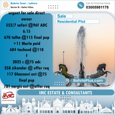 Residential Plot for Sale in Sector B - Safari Villas -  Bahria Town, Lahore - (BP-181203)