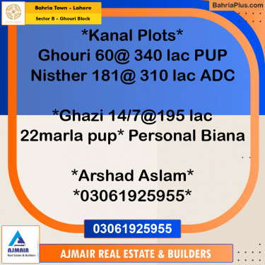 Residential Plot for Sale in Sector B - Ghouri Block -  Bahria Town, Lahore - (BP-181226)