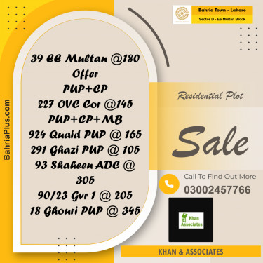 Residential Plot for Sale in Sector D - EE Multan Block -  Bahria Town, Lahore - (BP-181298)