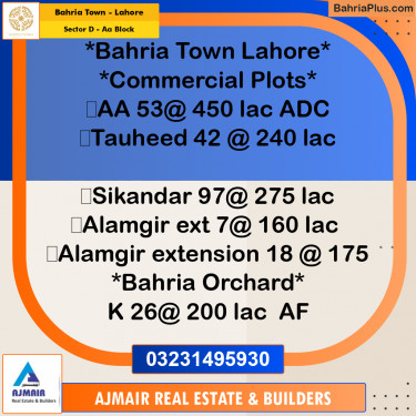 Commercial Plot for Sale in Sector D - AA Block -  Bahria Town, Lahore - (BP-181316)