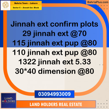 Residential Plot for Sale in Sector E - Jinnah Ext. Block -  Bahria Town, Lahore - (BP-181336)