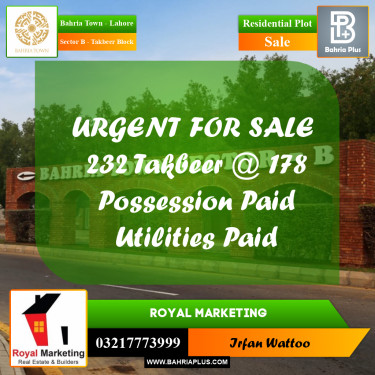 Residential Plot for Sale in Sector B - Takbeer Block -  Bahria Town, Lahore - (BP-181502)
