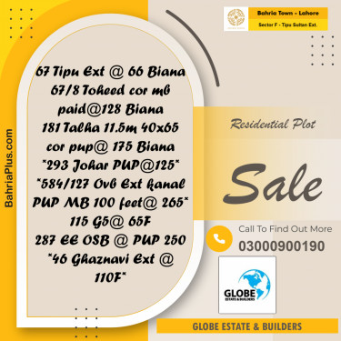 Residential Plot for Sale in Sector F - Tipu Sultan Ext. -  Bahria Town, Lahore - (BP-181608)