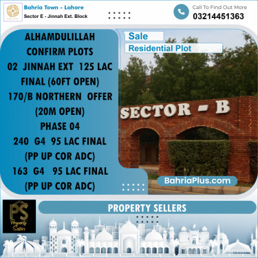 Residential Plot for Sale in Sector E - Jinnah Ext. Block -  Bahria Town, Lahore - (BP-181631)