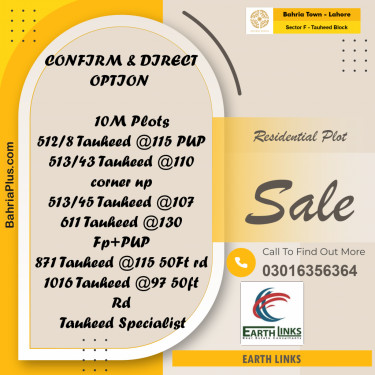 Residential Plot for Sale in Sector F - Tauheed Block -  Bahria Town, Lahore - (BP-181681)