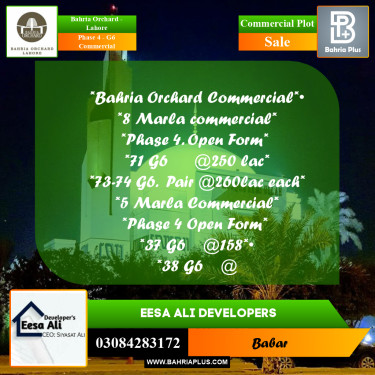Commercial Plot for Sale in Phase 4 - G6 Commercial -  Bahria Orchard, Lahore - (BP-181787)