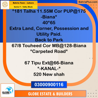 Residential Plot for Sale in Sector F - Talha Block -  Bahria Town, Lahore - (BP-181840)