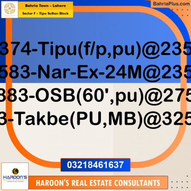 Residential Plot for Sale in Sector F - Tipu Sultan Block -  Bahria Town, Lahore - (BP-182091)