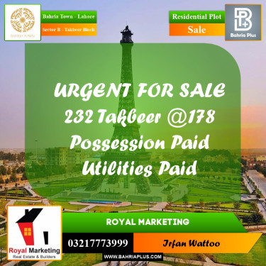 Residential Plot for Sale in Sector B - Takbeer Block -  Bahria Town, Lahore - (BP-182173)