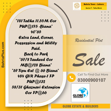 Residential Plot for Sale in Sector F - Talha Block -  Bahria Town, Lahore - (BP-182321)