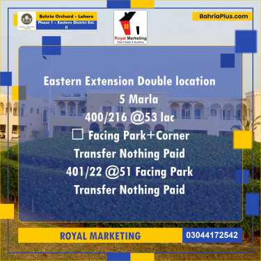 Residential Plot for Sale in Phase 1 - Eastern District Ext. II -  Bahria Orchard, Lahore - (BP-182367)