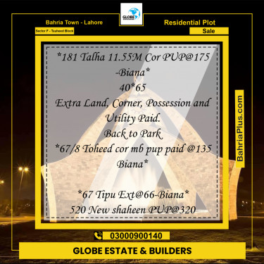 Residential Plot for Sale in Sector F - Tauheed Block -  Bahria Town, Lahore - (BP-182408)