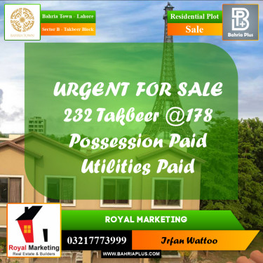 Residential Plot for Sale in Sector B - Takbeer Block -  Bahria Town, Lahore - (BP-182532)