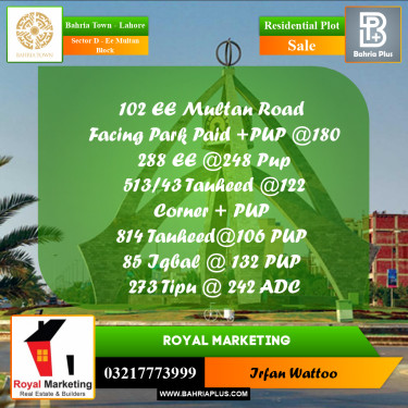 Residential Plot for Sale in Sector D - EE Multan Block -  Bahria Town, Lahore - (BP-182629)