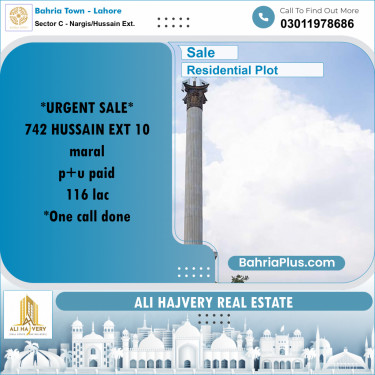 Residential Plot for Sale in Sector C - Nargis/Hussain Ext. -  Bahria Town, Lahore - (BP-182722)