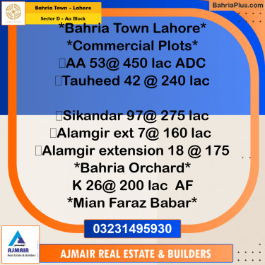Commercial Plot for Sale in Sector D - AA Block -  Bahria Town, Lahore - (BP-182788)