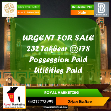 Residential Plot for Sale in Sector B - Takbeer Block -  Bahria Town, Lahore - (BP-183107)