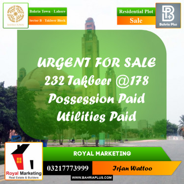 Residential Plot for Sale in Sector B - Takbeer Block -  Bahria Town, Lahore - (BP-183213)