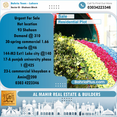 Residential Plot for Sale in Sector B - Shaheen Block -  Bahria Town, Lahore - (BP-183306)