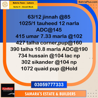 Residential Plot for Sale in Sector E - Jinnah Block -  Bahria Town, Lahore - (BP-183341)