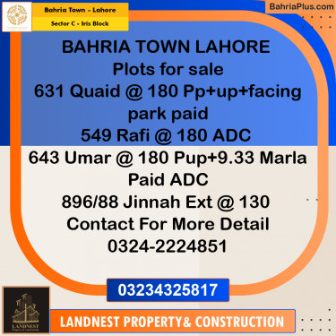 Residential Plot for Sale in Sector C - Iris Block -  Bahria Town, Lahore - (BP-184021)