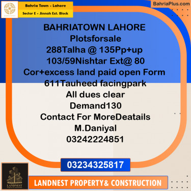 Residential Plot for Sale in Sector E - Jinnah Ext. Block -  Bahria Town, Lahore - (BP-184034)