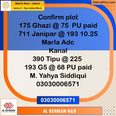Residential Plot for Sale in Sector F - Tipu Sultan Block -  Bahria Town, Lahore - (BP-184104)