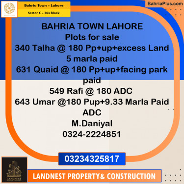 Residential Plot for Sale in Sector C - Iris Block -  Bahria Town, Lahore - (BP-185075)