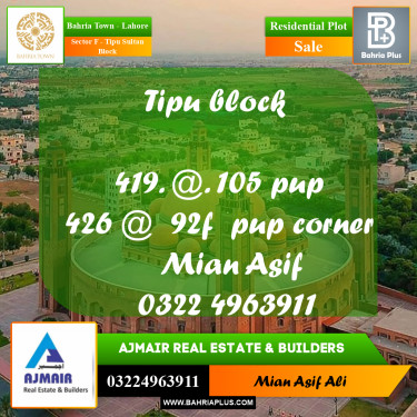 Residential Plot for Sale in Sector F - Tipu Sultan Block -  Bahria Town, Lahore - (BP-185229)
