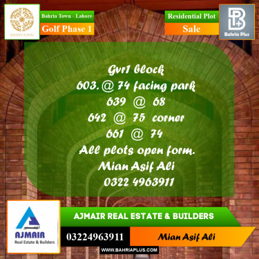 Residential Plot for Sale in Golf Phase 1 -  Bahria Town, Lahore - (BP-185469)