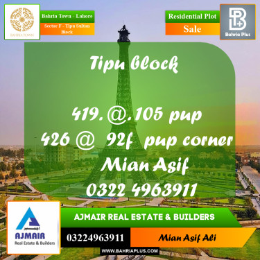 Residential Plot for Sale in Sector F - Tipu Sultan Block -  Bahria Town, Lahore - (BP-185514)