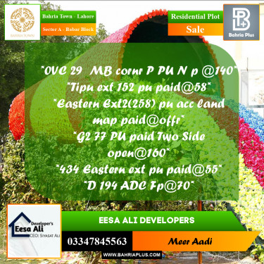 Residential Plot for Sale in Sector A - Babar Block -  Bahria Town, Lahore - (BP-186106)