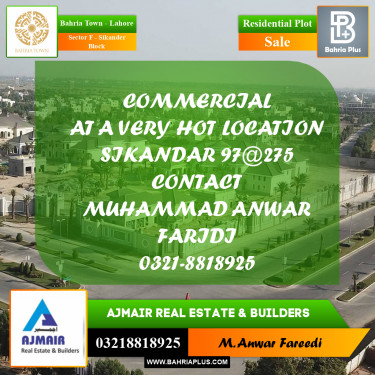 Residential Plot for Sale in Sector F - Sikander Block -  Bahria Town, Lahore - (BP-186184)