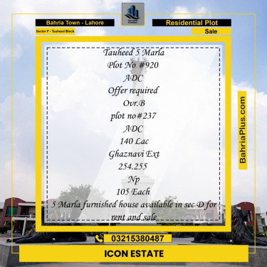 Residential Plot for Sale in Sector F - Tauheed Block -  Bahria Town, Lahore - (BP-186632)
