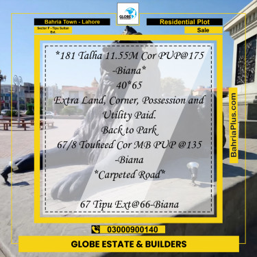 Residential Plot for Sale in Sector F - Tipu Sultan Ext. -  Bahria Town, Lahore - (BP-186806)