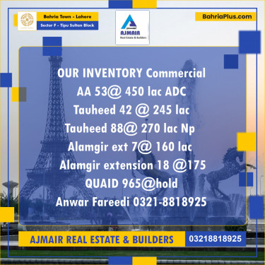 Residential Plot for Sale in Sector F - Tipu Sultan Block -  Bahria Town, Lahore - (BP-186826)