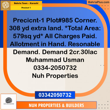 250 Sq. Yards Residential Plot for Sale in Precinct 1 -  Bahria Town, Karachi - (BP-186831)