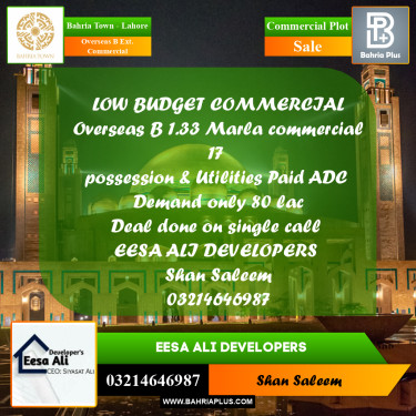 Commercial Plot for Sale in Overseas B Ext. Commercial -  Bahria Town, Lahore - (BP-186857)