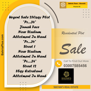 250 Sq. Yards Residential Plot for Sale in Precinct 34 -  Bahria Town, Karachi - (BP-187538)
