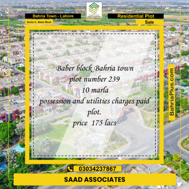 Residential Plot for Sale in Sector A - Babar Block -  Bahria Town, Lahore - (BP-187620)