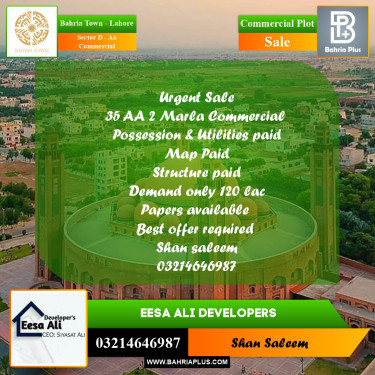 Commercial Plot for Sale in Sector D - AA Commercial -  Bahria Town, Lahore - (BP-187968)