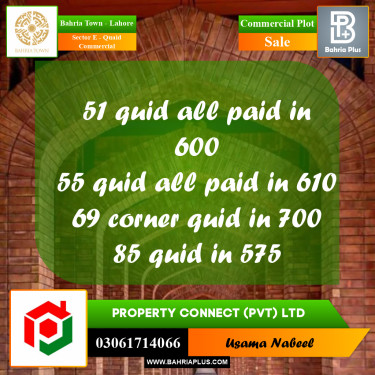 Commercial Plot for Sale in Sector E - Quaid Commercial -  Bahria Town, Lahore - (BP-187990)