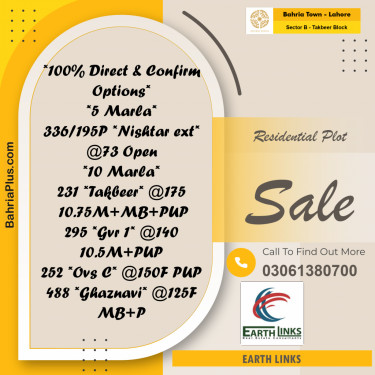 Residential Plot for Sale in Sector B - Takbeer Block -  Bahria Town, Lahore - (BP-188580)