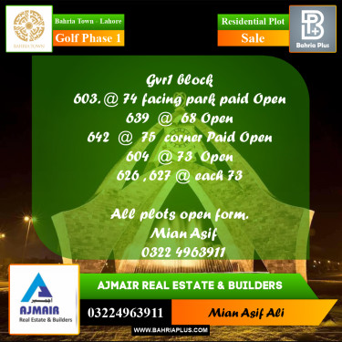 Residential Plot for Sale in Golf Phase 1 -  Bahria Town, Lahore - (BP-189091)