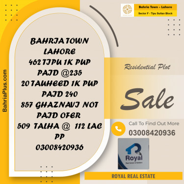 Residential Plot for Sale in Sector F - Tipu Sultan Block -  Bahria Town, Lahore - (BP-189463)
