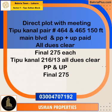 Residential Plot for Sale in Sector F - Tipu Sultan Block -  Bahria Town, Lahore - (BP-189880)