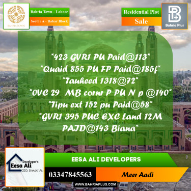 Residential Plot for Sale in Sector A - Babar Block -  Bahria Town, Lahore - (BP-189984)