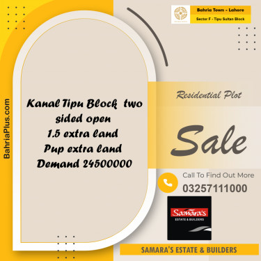 Residential Plot for Sale in Sector F - Tipu Sultan Block -  Bahria Town, Lahore - (BP-189990)