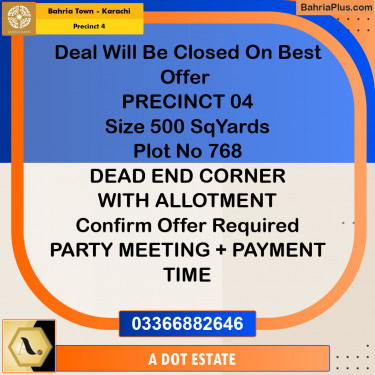500 Sq. Yards Residential Plot for Sale in Precinct 4 -  Bahria Town, Karachi - (BP-190320)